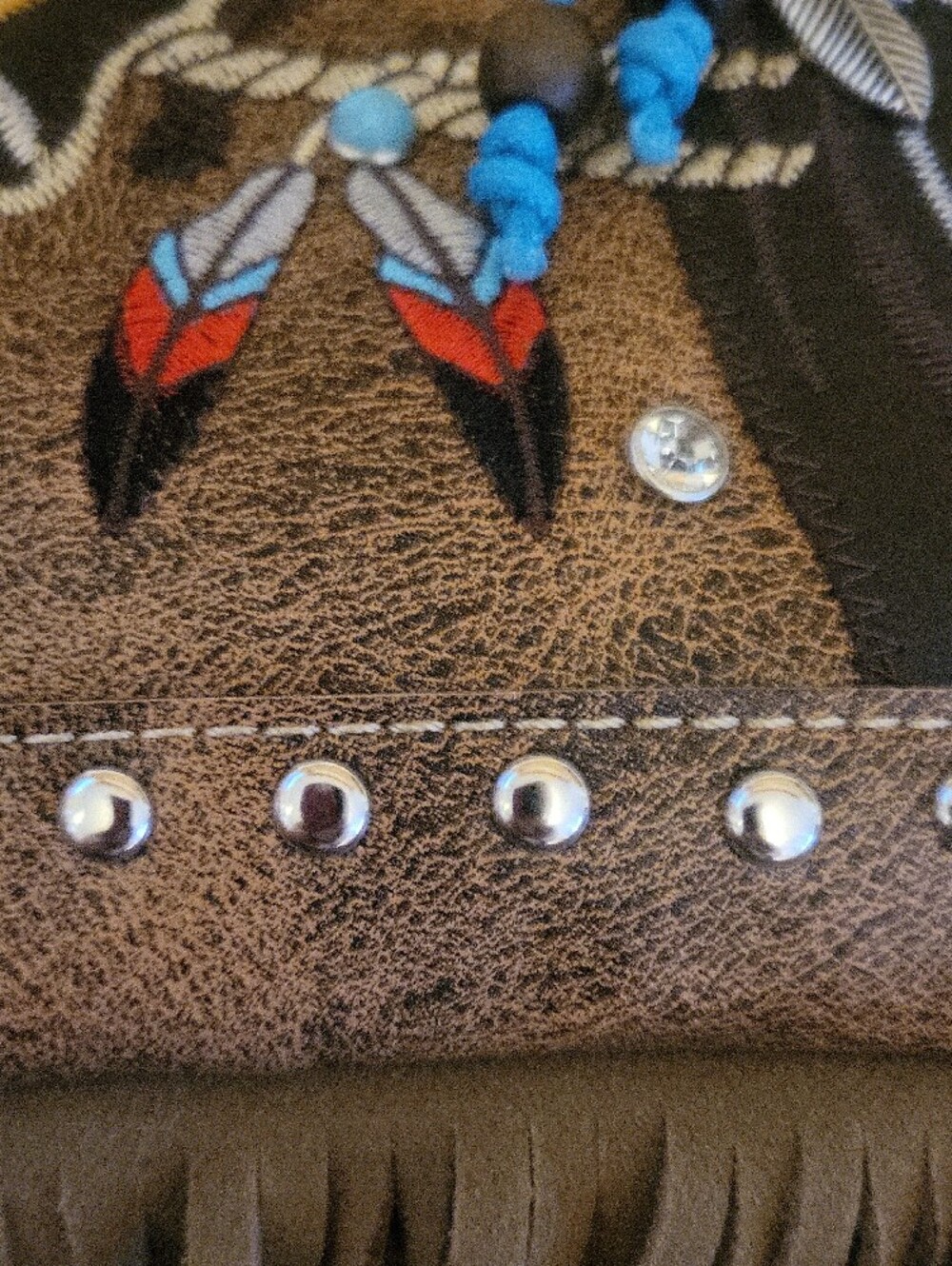 Fringed Brown Horse Embroidered Crossbody Bag with Turquoise Accents - Picture 12 of 15
